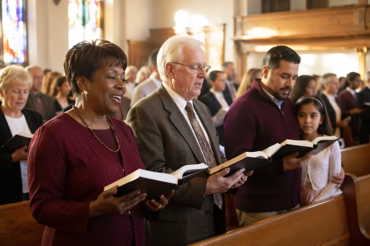 Congregation Singing Hymns in Church Pews