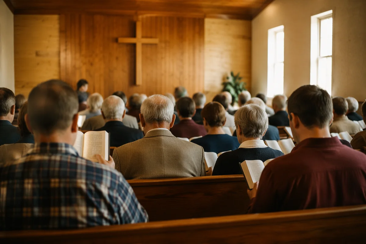Congregation Singing Hymns in Wooden Chapel