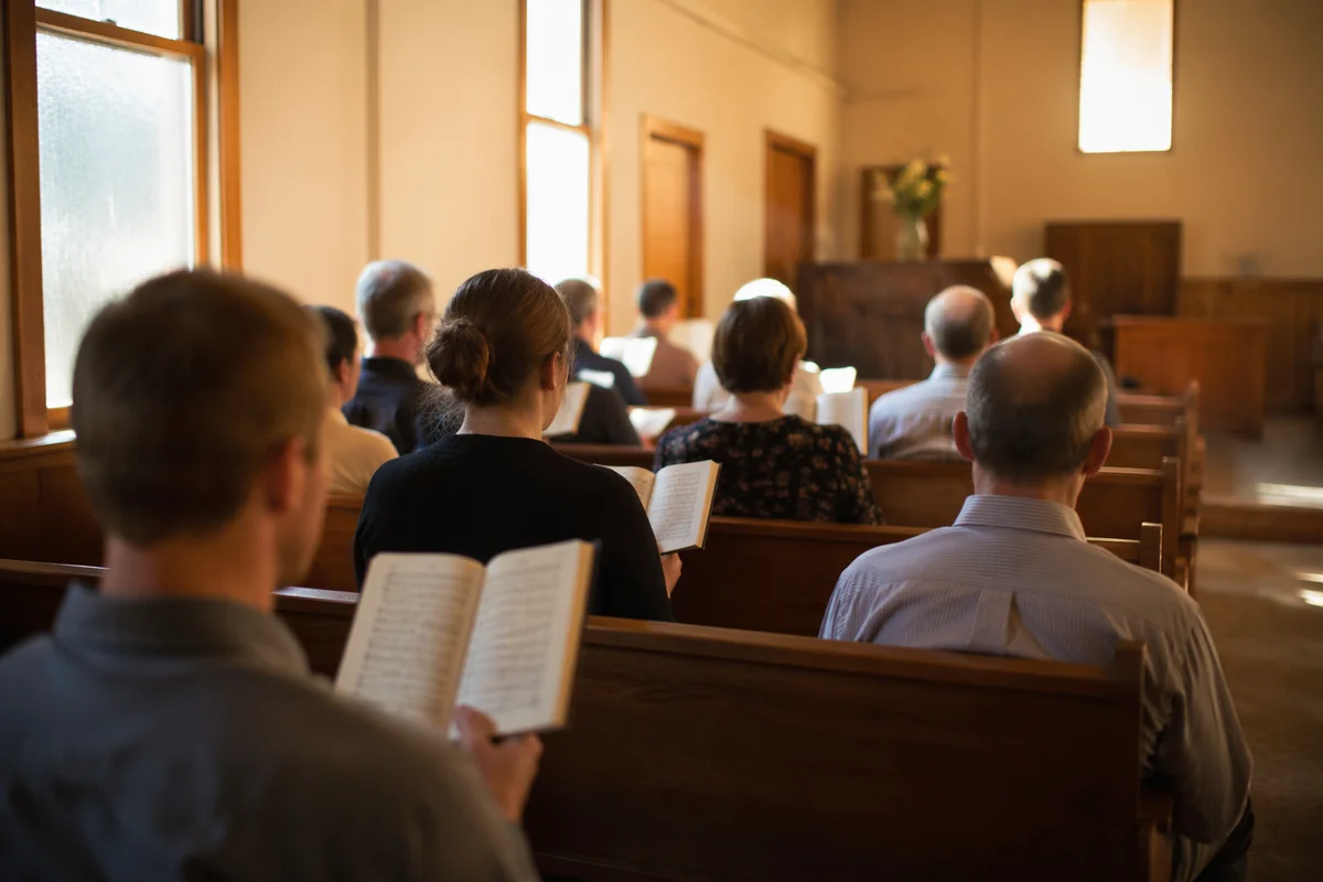 Congregation Singing Hymns in Wooden Chapel