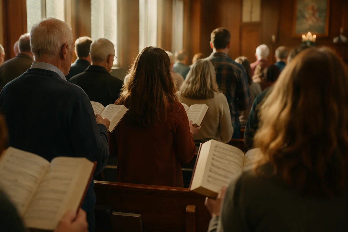 Congregation Singing Hymns in Wooden Chapel