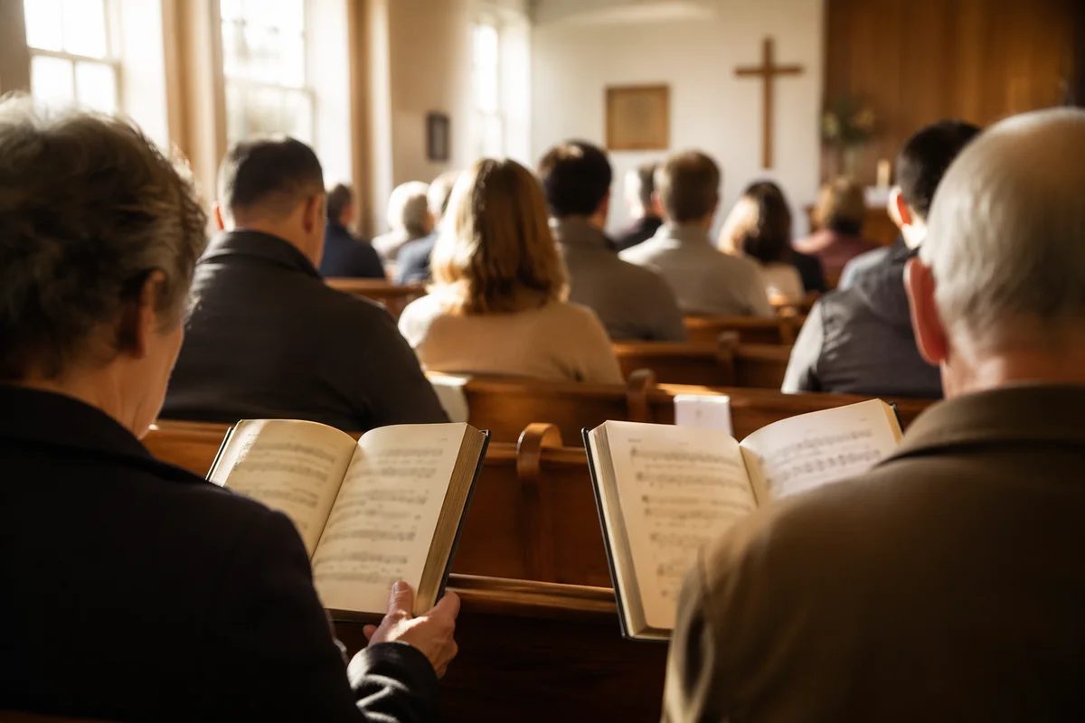 Congregation Singing Hymns in Wooden Chapel