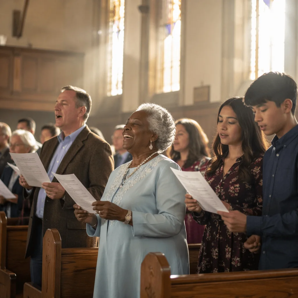Church Congregation Singing in Morning Light