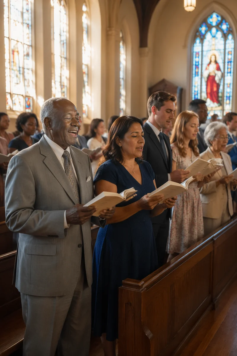 Congregation Singing Hymns in Sunlit Church