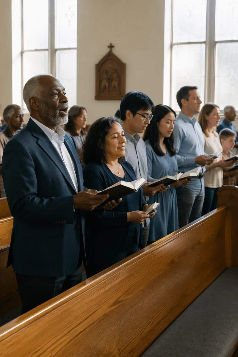 Congregation Singing Hymn in Bright Sanctuary