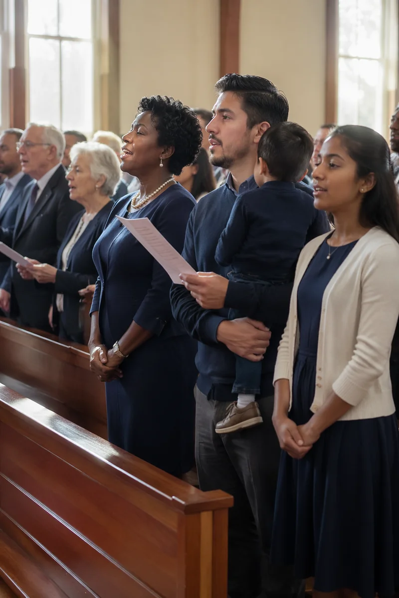 Church Congregation Singing in Wooden Pews