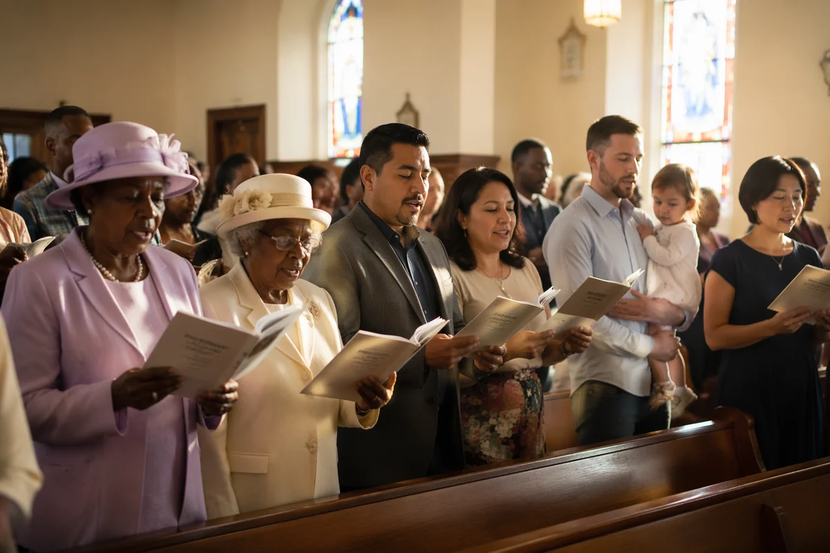 Congregation Singing Hymns in Sunlit Church