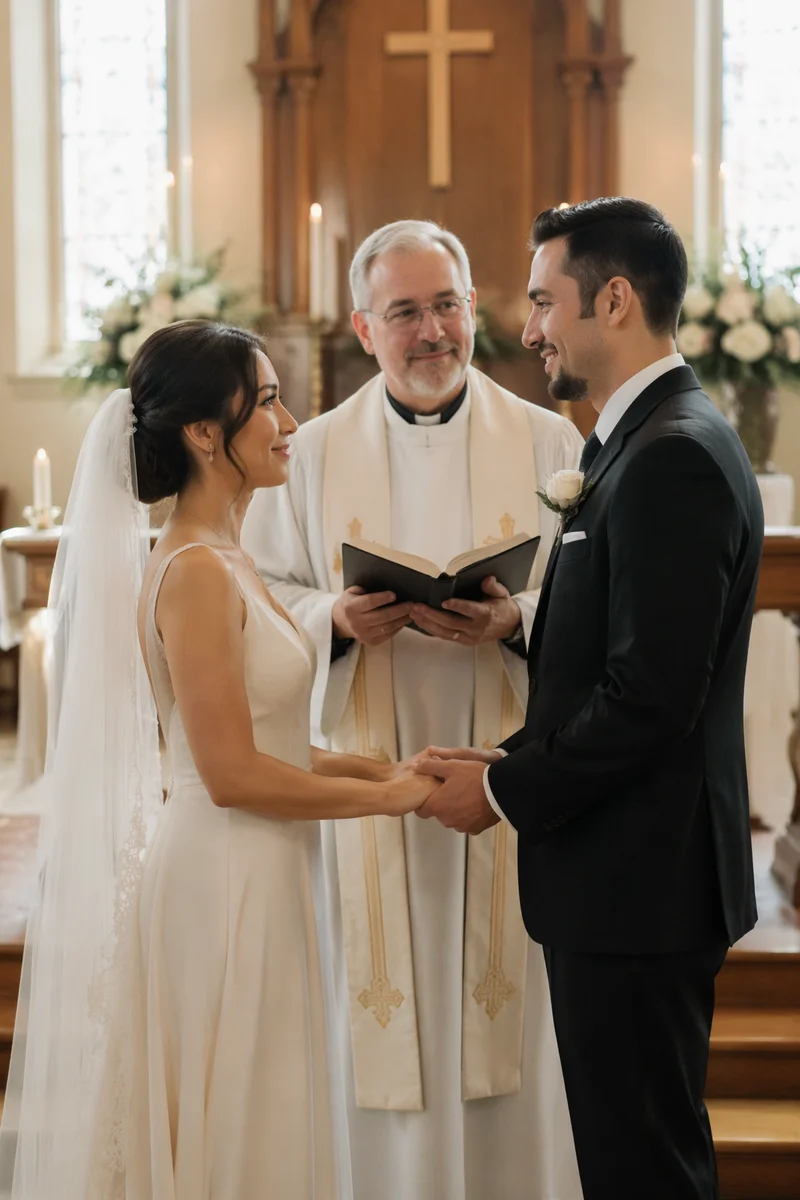 Couple Exchanging Vows in Church Sanctuary