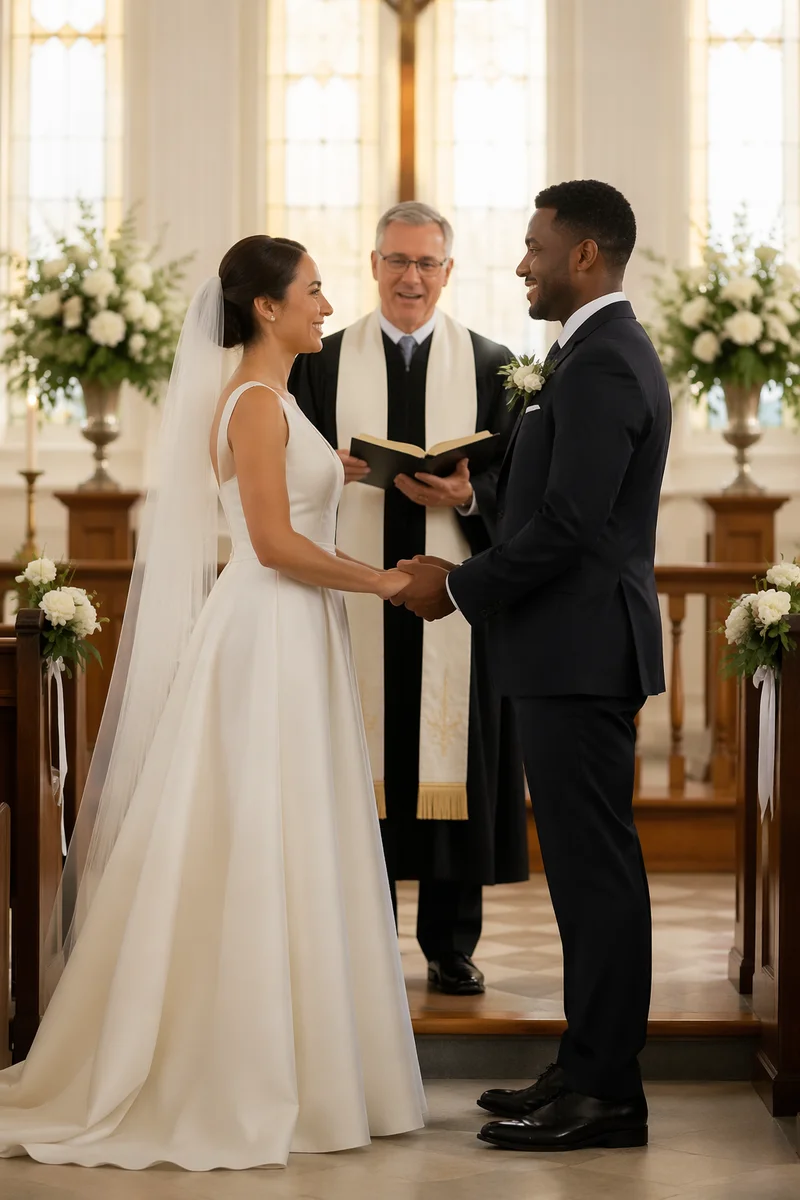 Interracial Couple Exchanging Vows in Church