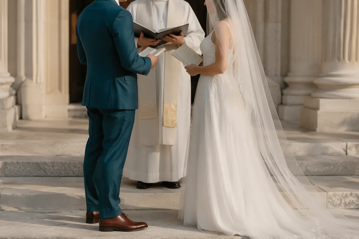 Couple Exchanging Wedding Vows at Church Entrance