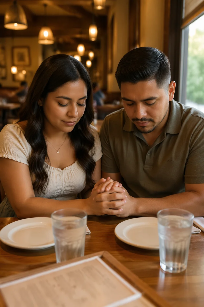 Young Couple Praying Before Restaurant Meal