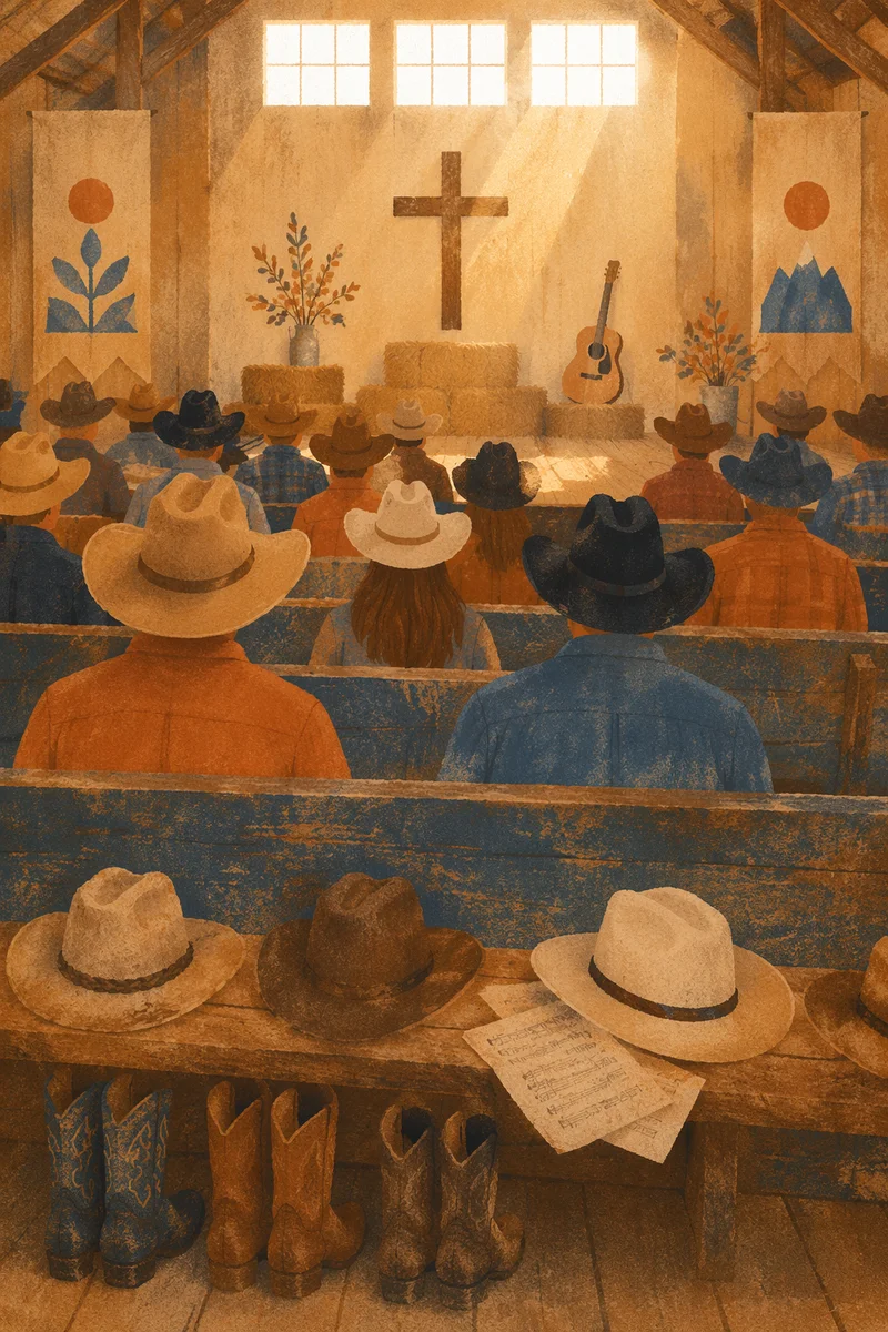 Peaceful Cowboy Church Gathering in Barn Chapel