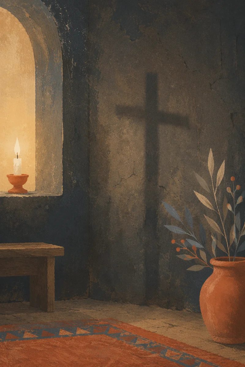 Subtle Cross Shadow on Dark Chapel Wall