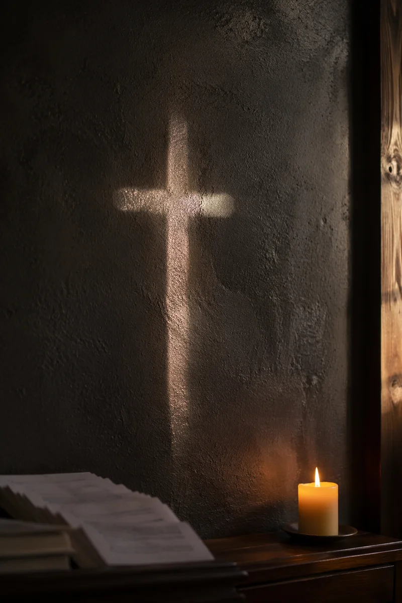 Subtle Light Cross on Dark Chapel Wall