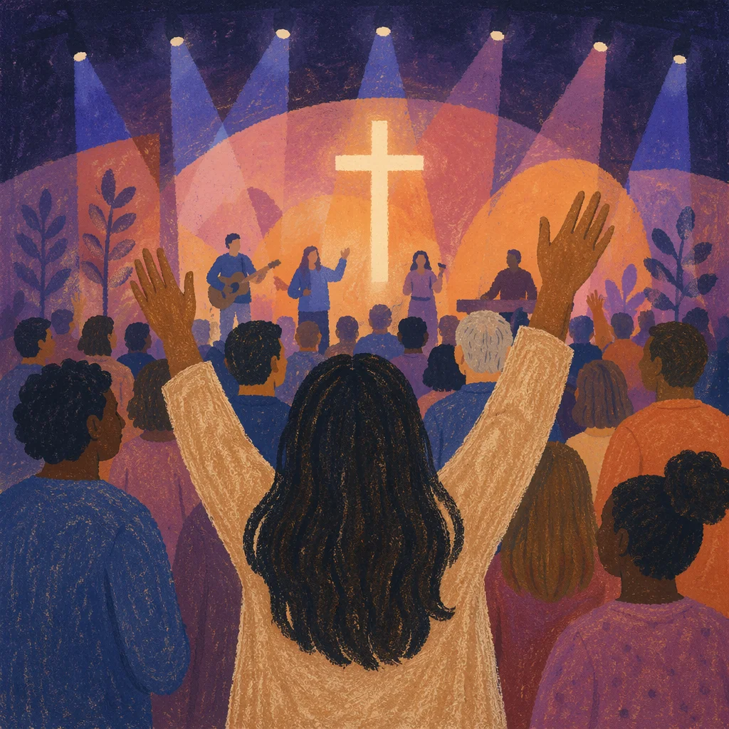 Diverse Congregation Worshiping Under Glowing Cross