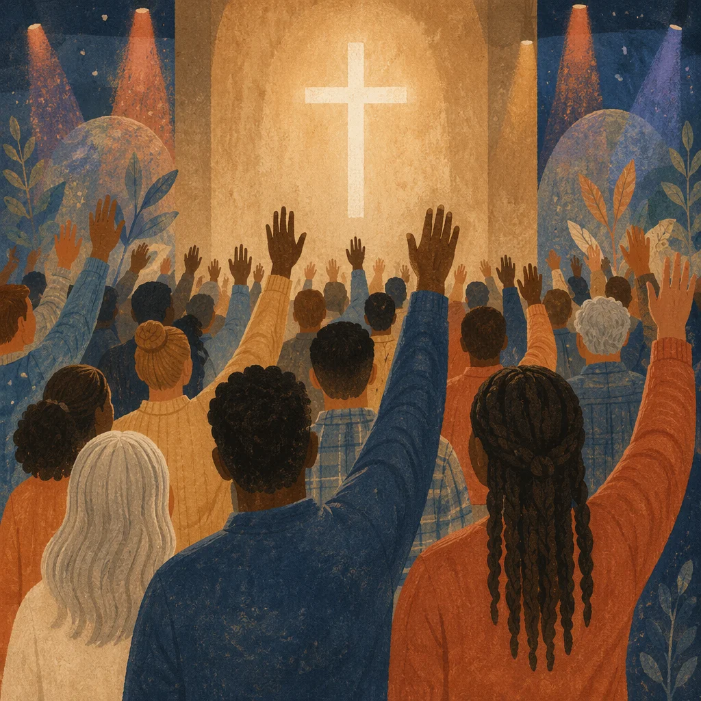 Diverse Congregation Worshipping Under Glowing Cross