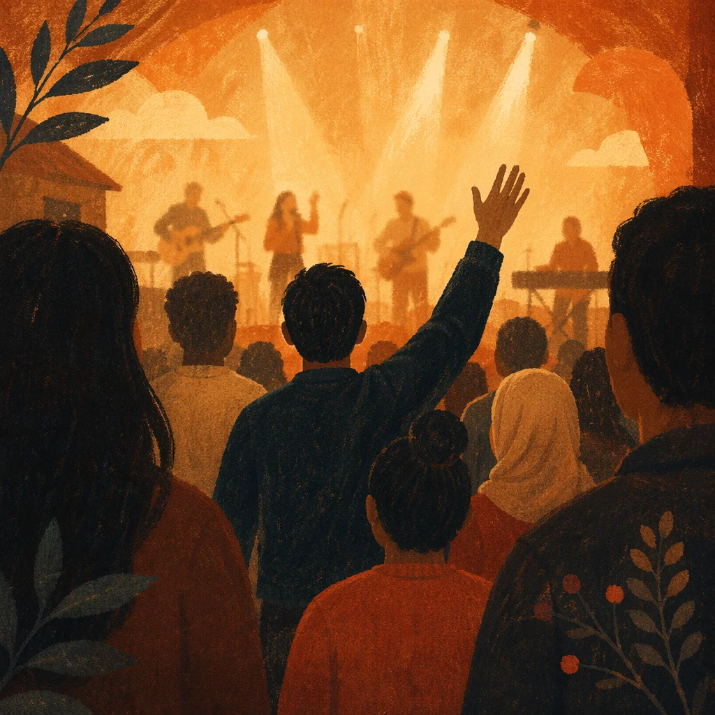 Diverse Congregation Worshipping in Warm Church Light