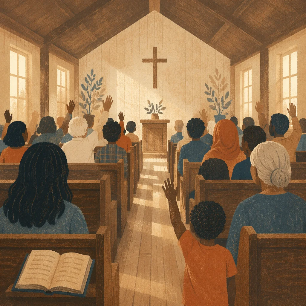 Diverse Congregation Worshiping in Wooden Chapel