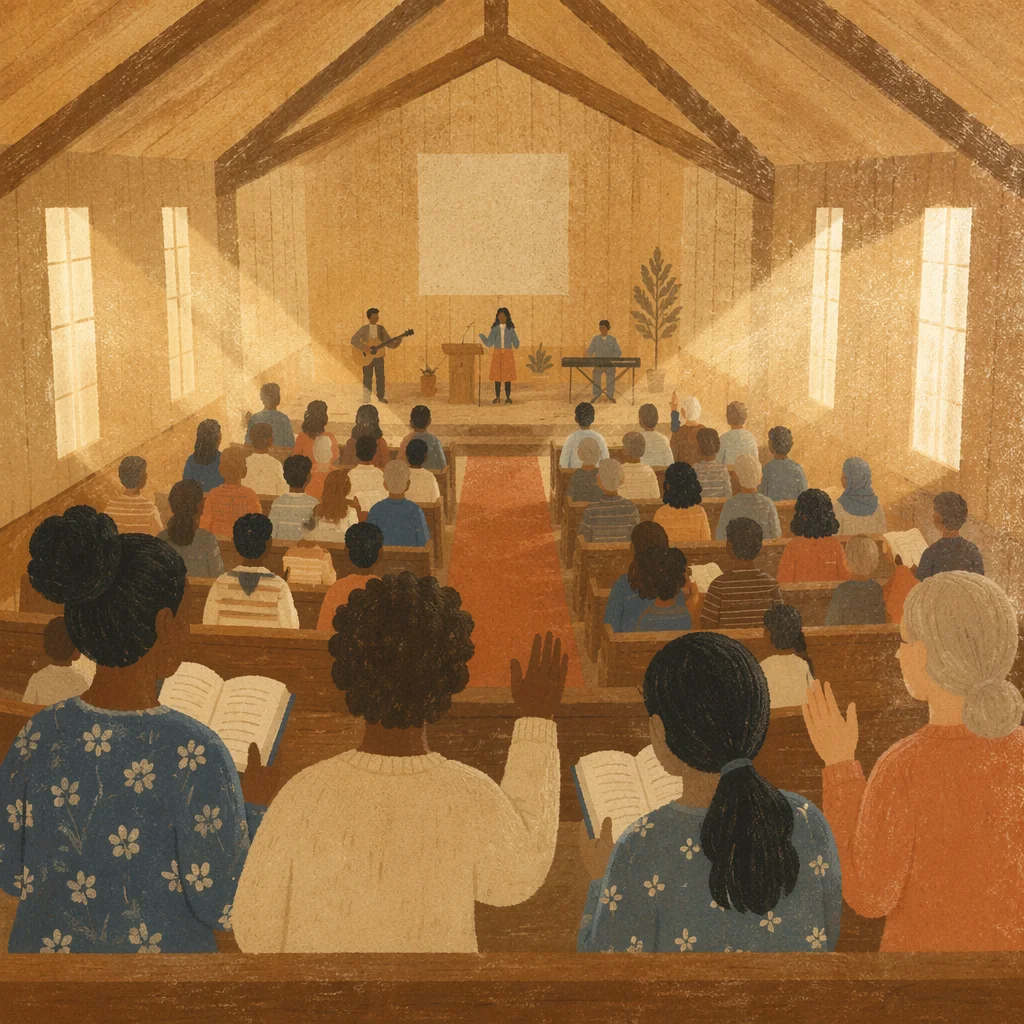 Diverse Congregation Worshiping in Wooden Sanctuary