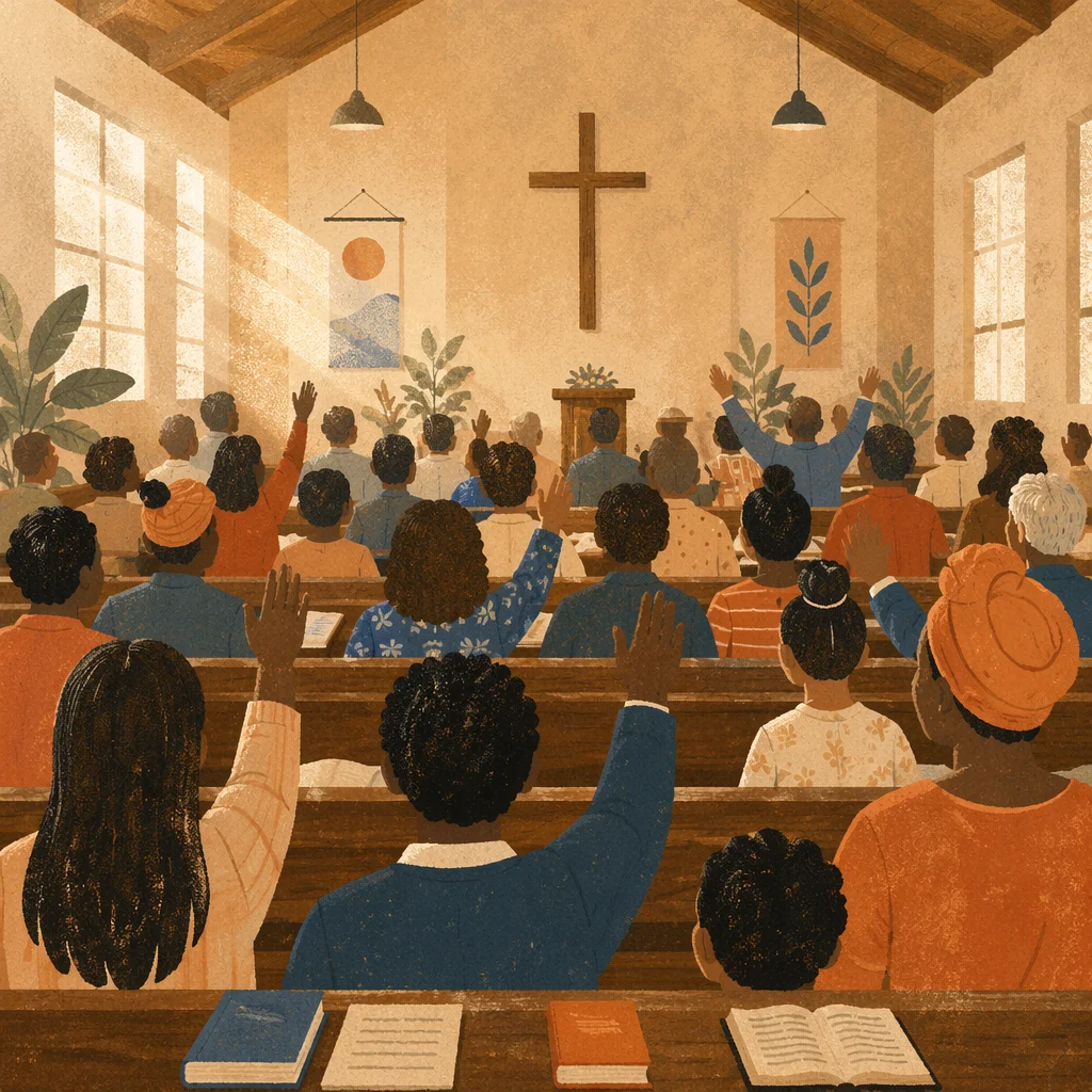 Diverse Congregation Worshiping in Sunlit Chapel