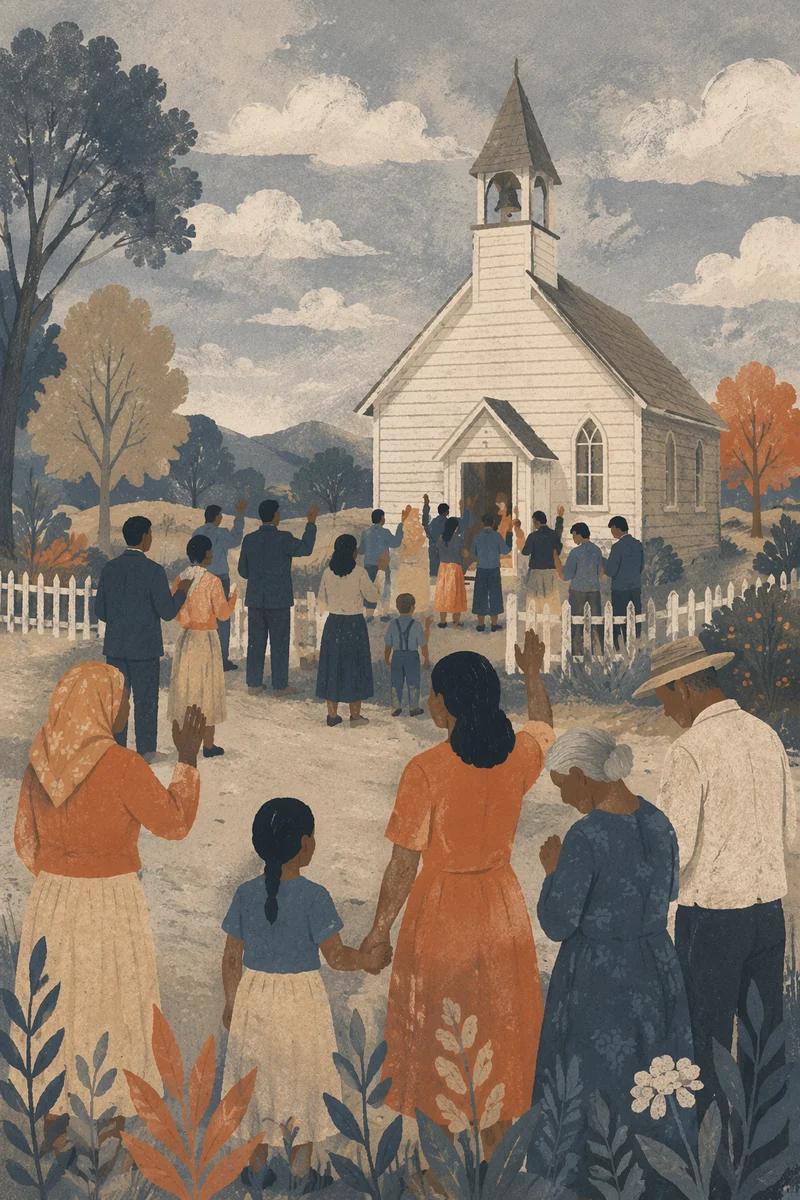 Diverse Congregation Worshiping by Rural Chapel