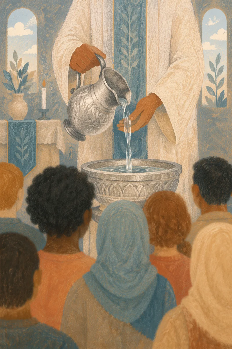 Diverse Congregation During Reverent Water Ceremony