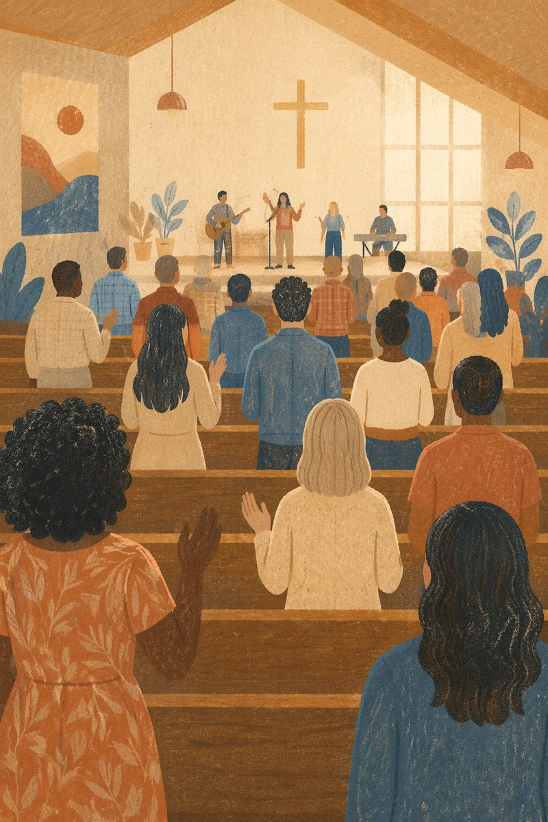 Diverse Congregation Worship in Bright Sanctuary
