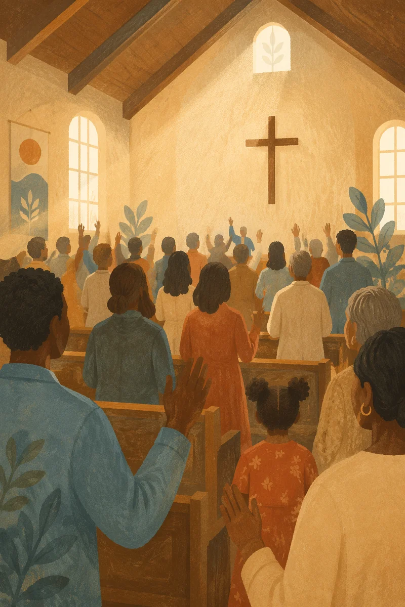 Diverse Congregation Worshiping in Sunlit Sanctuary