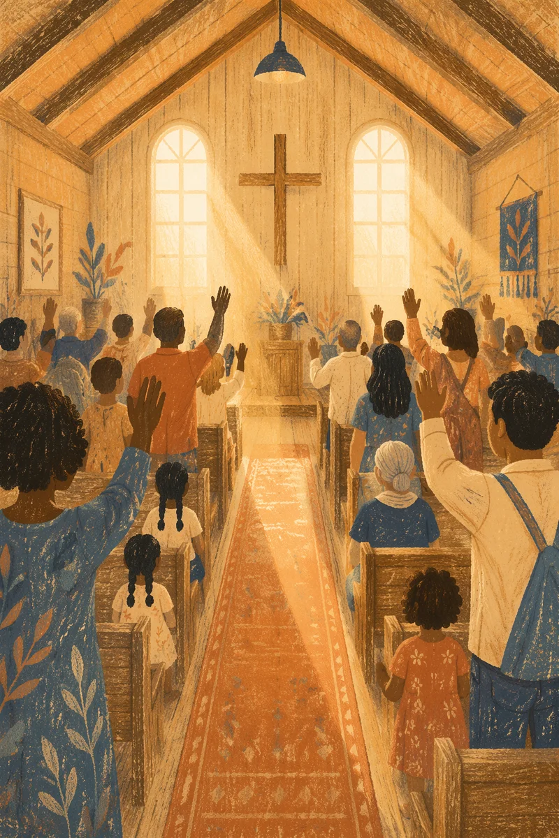 Diverse Congregation Worshiping in Wooden Chapel