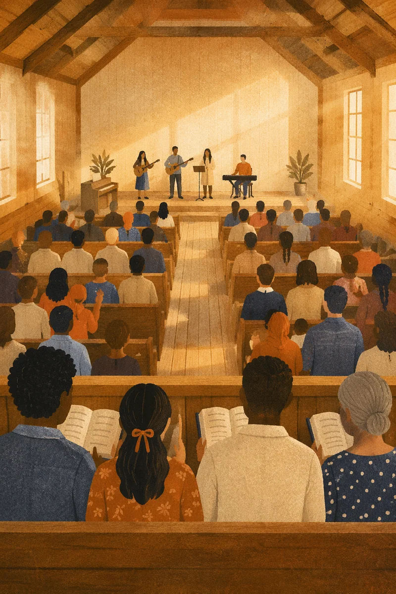 Diverse Congregation Worshiping in Wooden Sanctuary