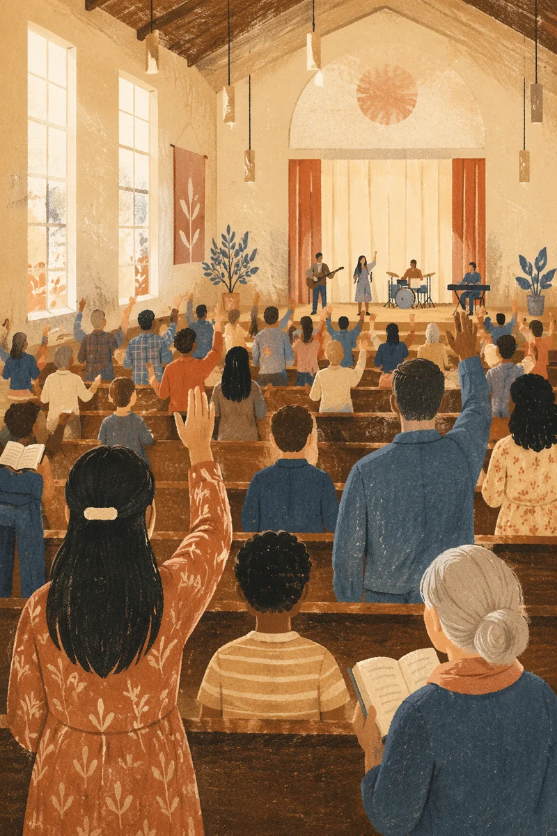 Diverse Congregation Worshiping in Morning Light