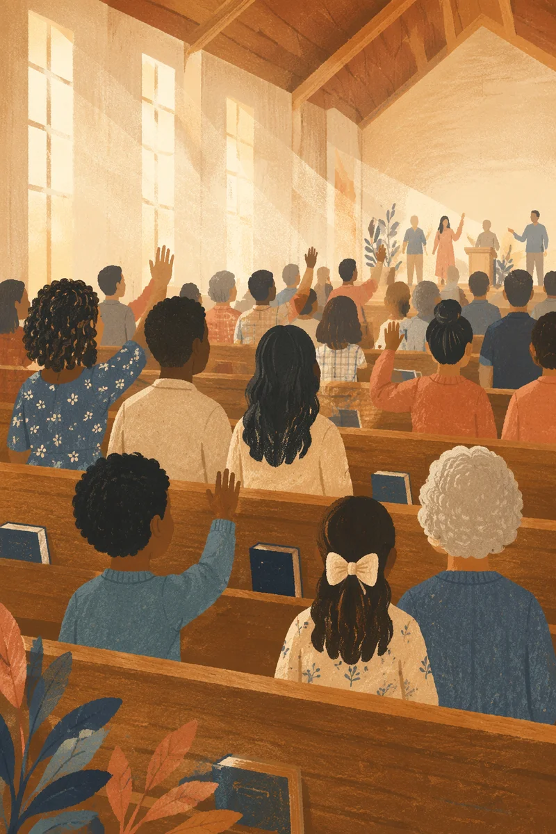 Diverse Congregation Worshiping in Warm Wooden Sanctuary