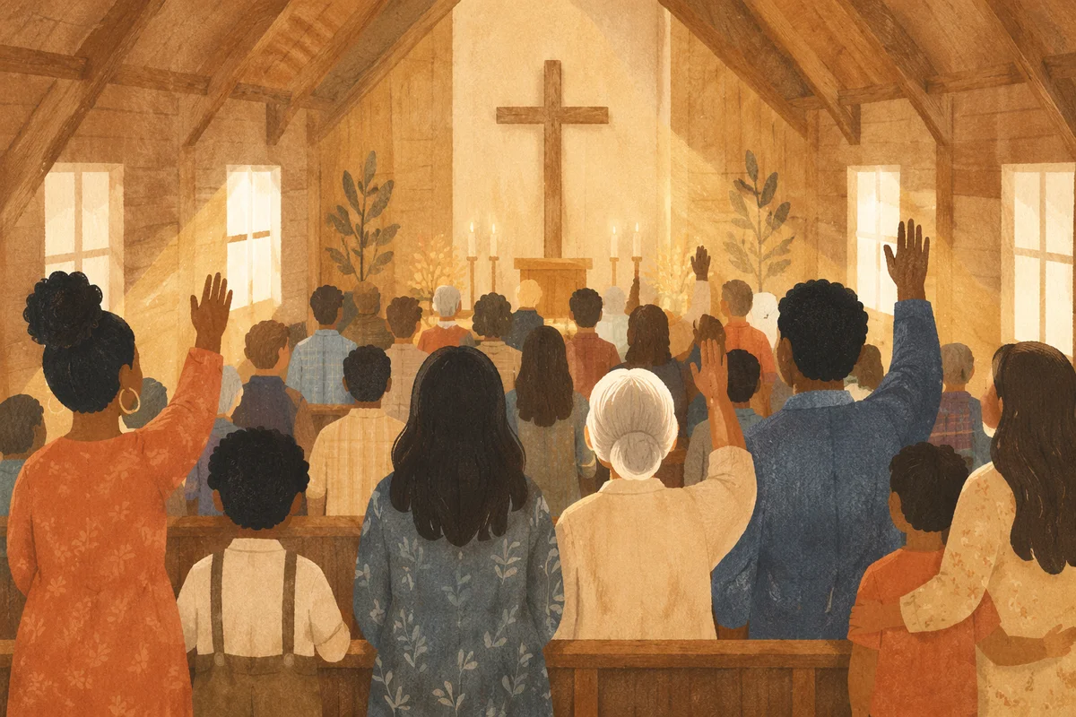 Diverse Congregation Worshiping in Sunlit Chapel