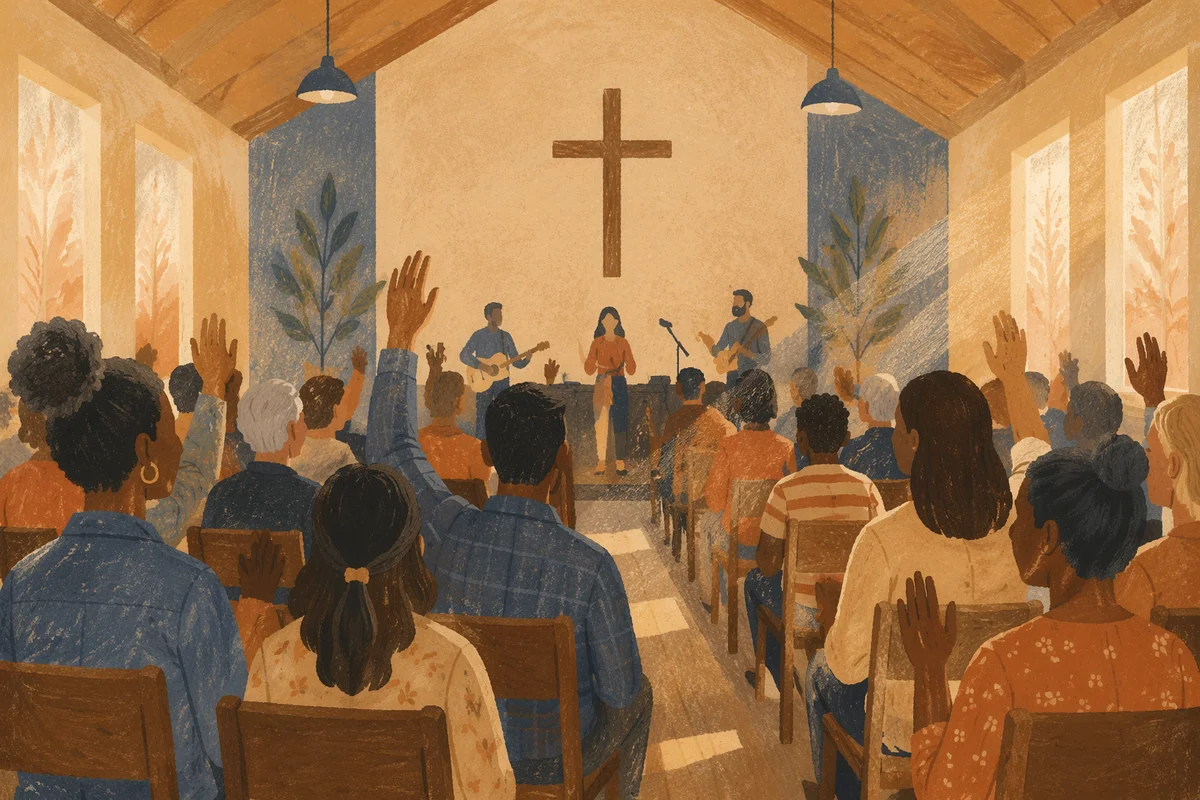 Diverse Congregation Worshiping in Sunlit Sanctuary