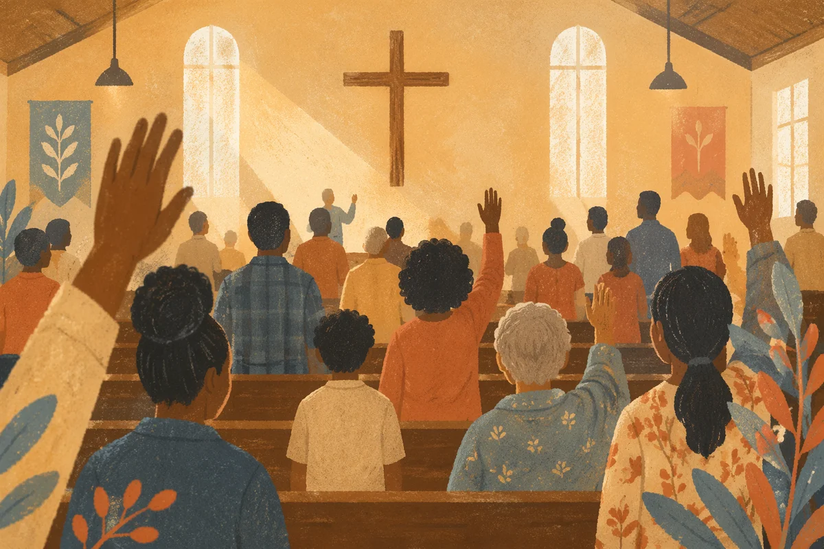 Diverse Congregation Worshiping in Sunlit Sanctuary