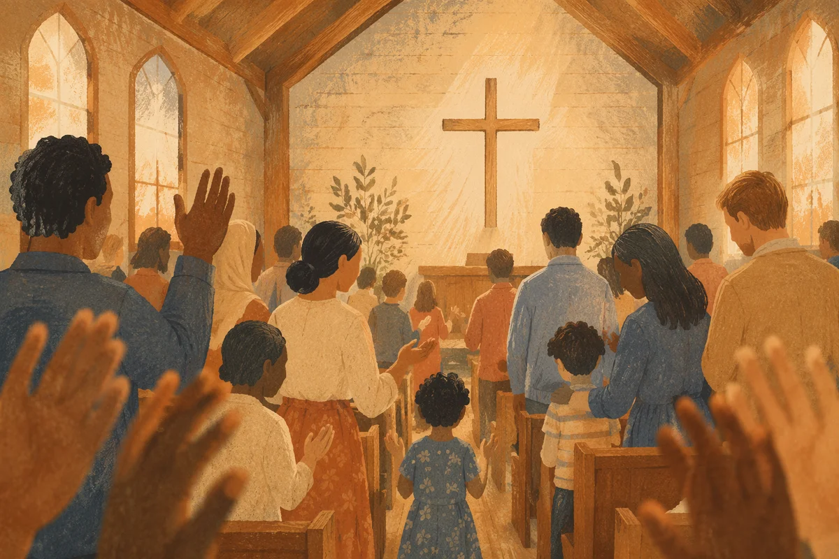 Diverse Congregation Worship in Wooden Chapel