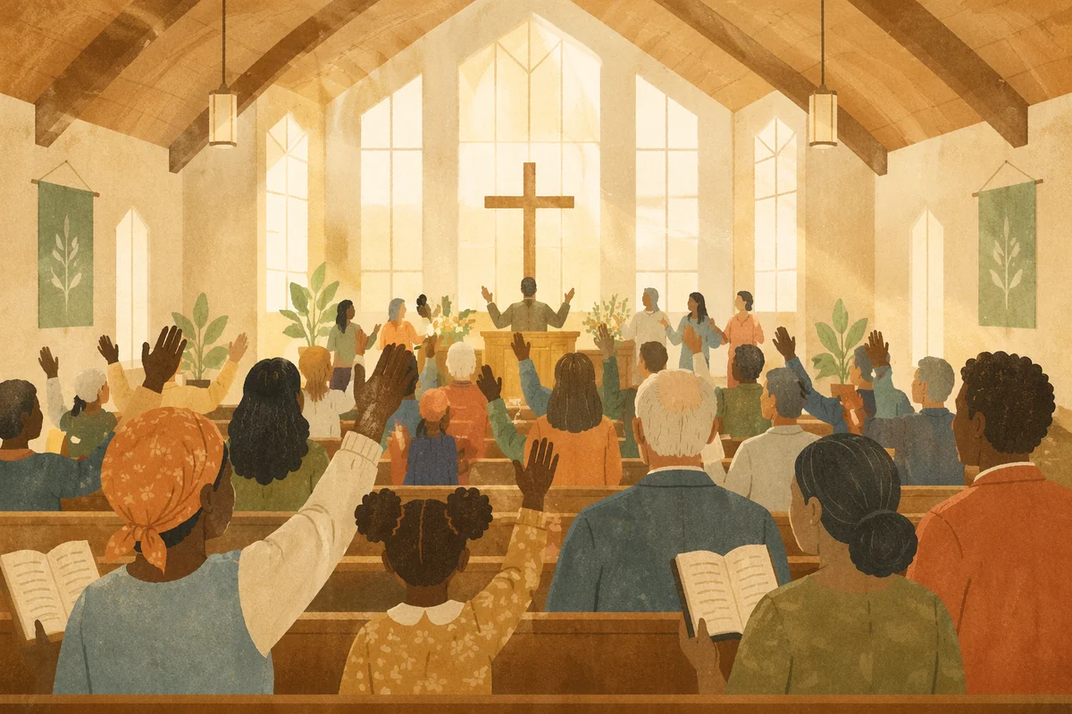 Diverse Congregation Worshiping in Sunlit Sanctuary