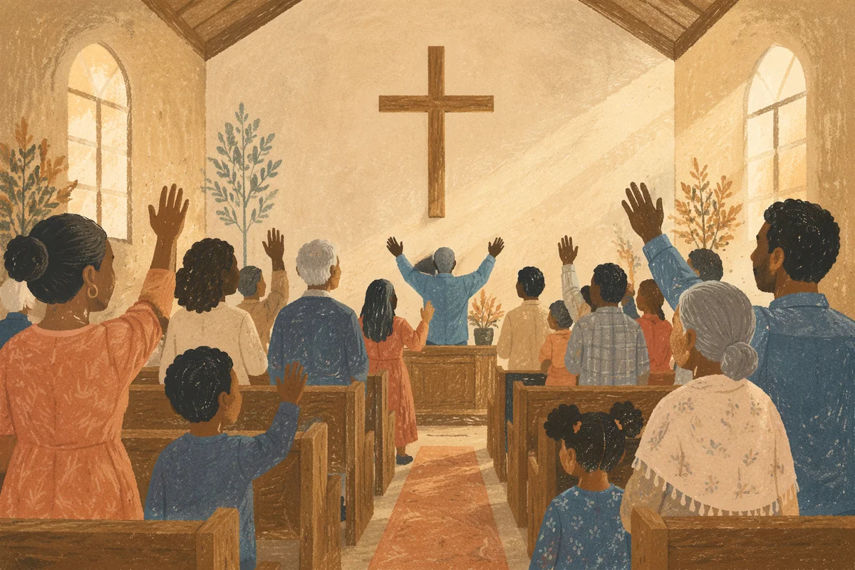 Diverse Congregation Worshiping in Sunlit Chapel