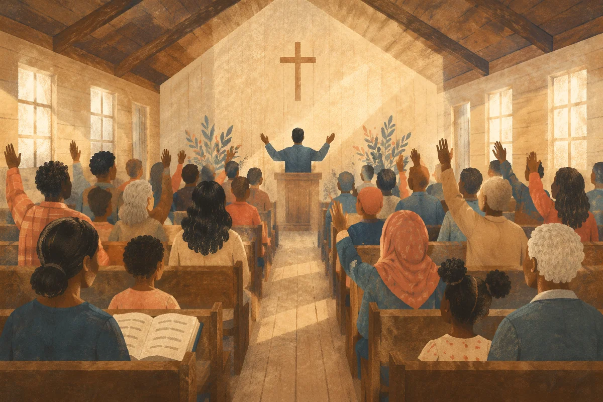 Diverse Congregation Worshiping in Wooden Chapel