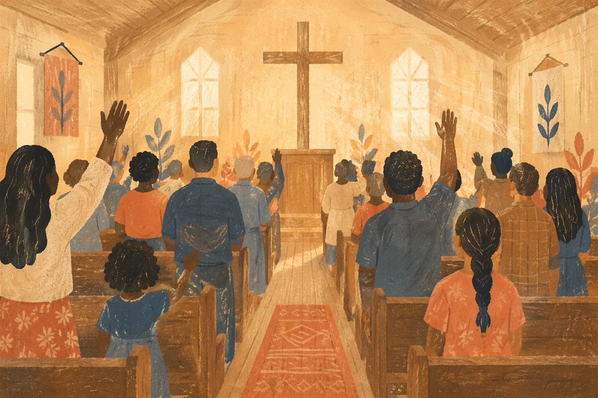 Diverse Congregation Worshiping in Wooden Chapel