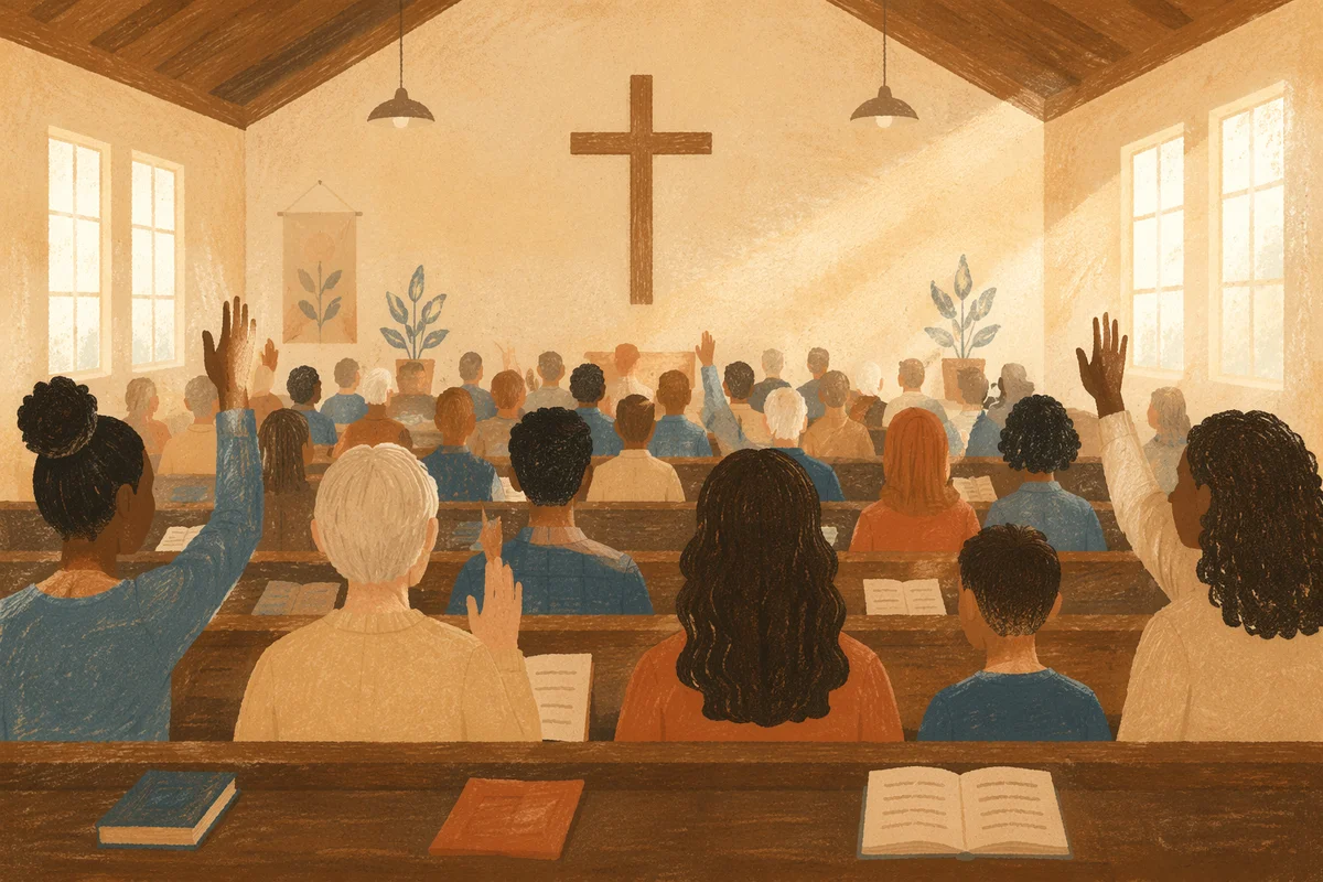 Diverse Congregation Worshiping in Sunlit Chapel