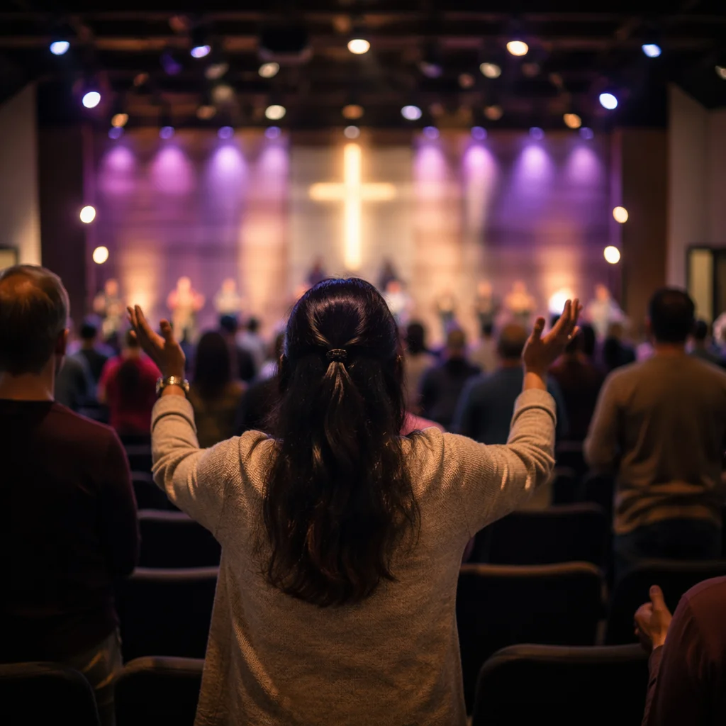 Diverse Congregation Worshiping in Modern Church