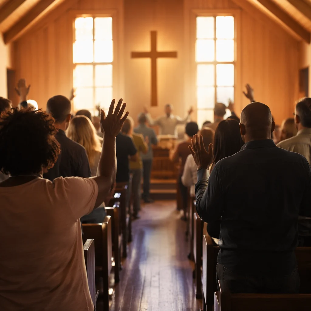 Diverse Congregation Worshiping in Wooden Chapel