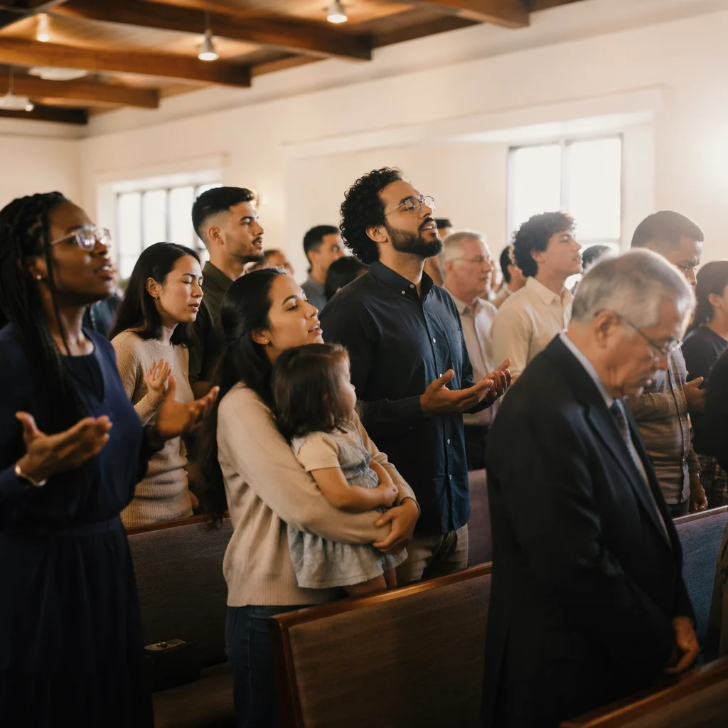Diverse Congregation Singing in Modern Church Hall