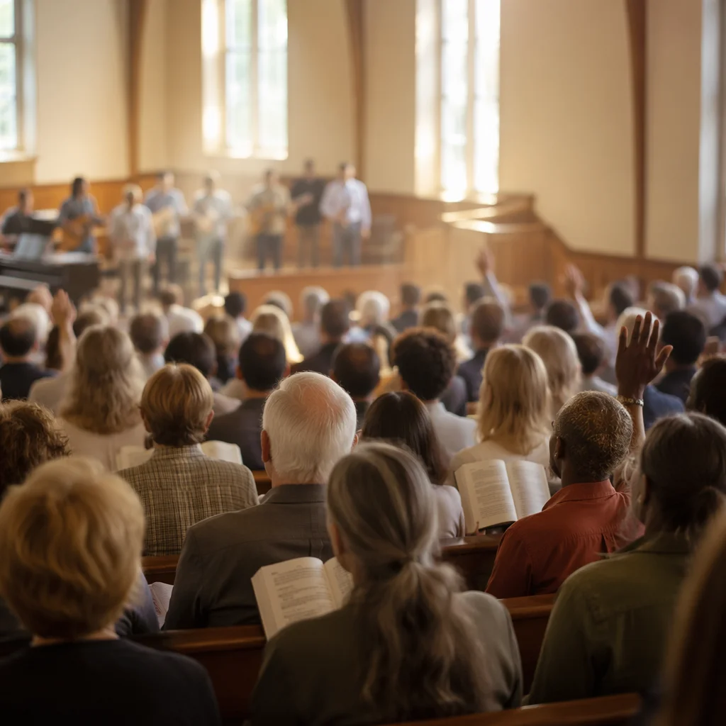 Diverse Congregation Worshiping in Wooden Sanctuary