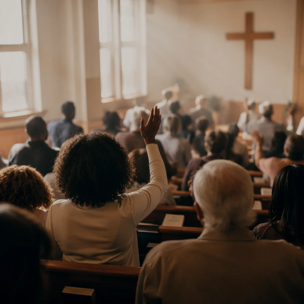 Diverse Congregation Worshiping in Sunlit Chapel