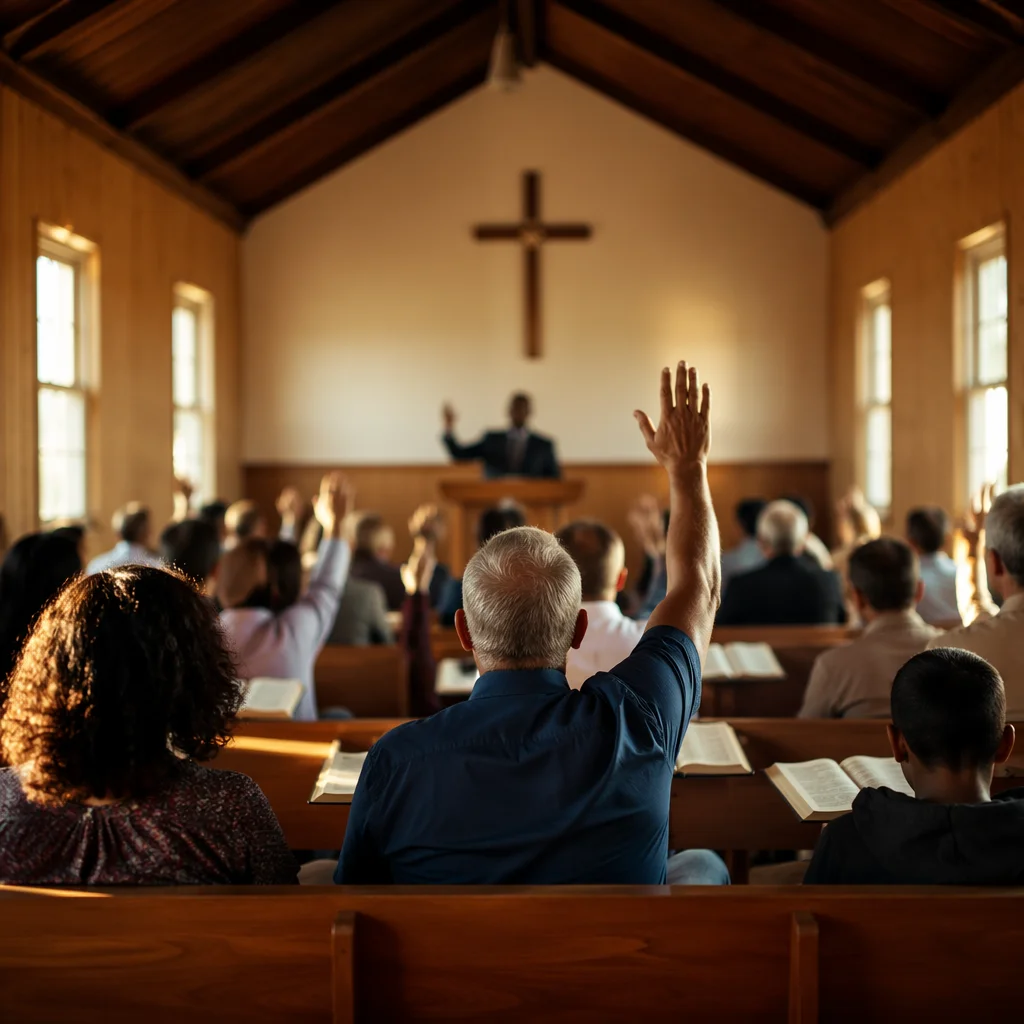 Diverse Congregation Worshiping in Wooden Chapel