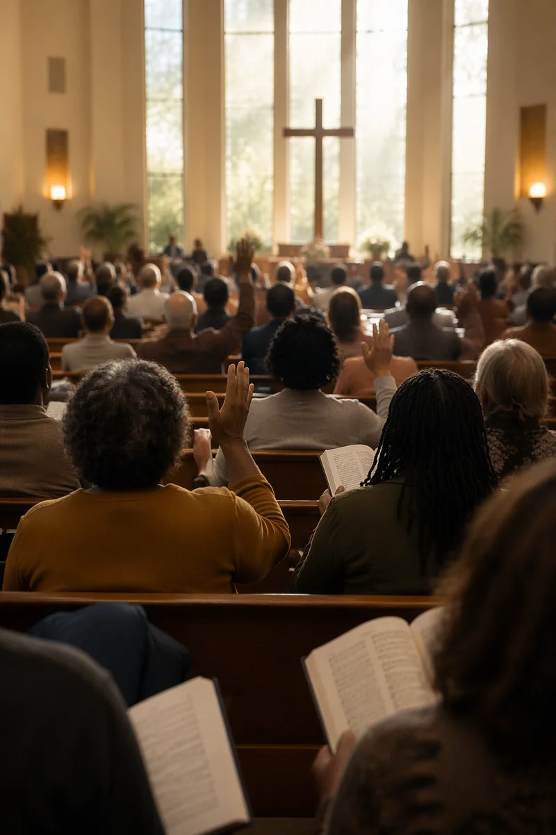 Diverse Congregation Worshiping in Sunlit Sanctuary