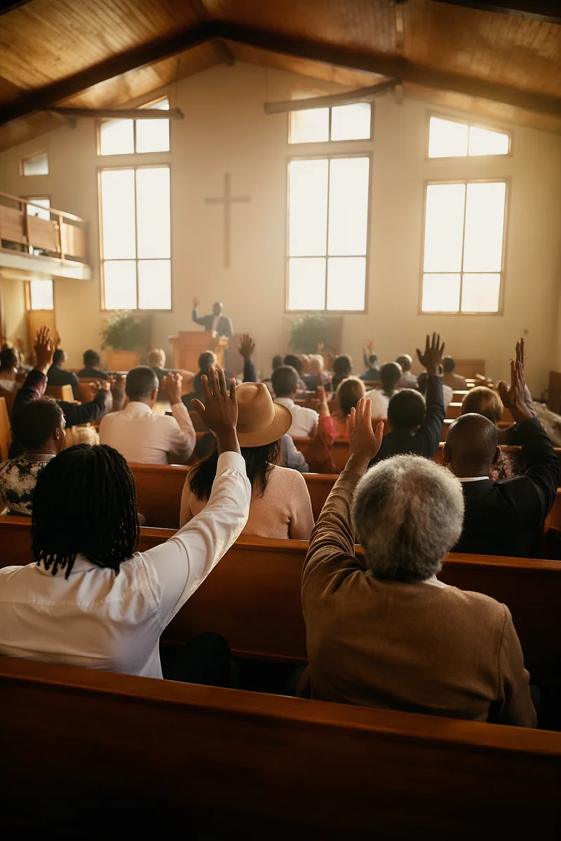 Diverse Congregation Worshiping in Sunlit Chapel