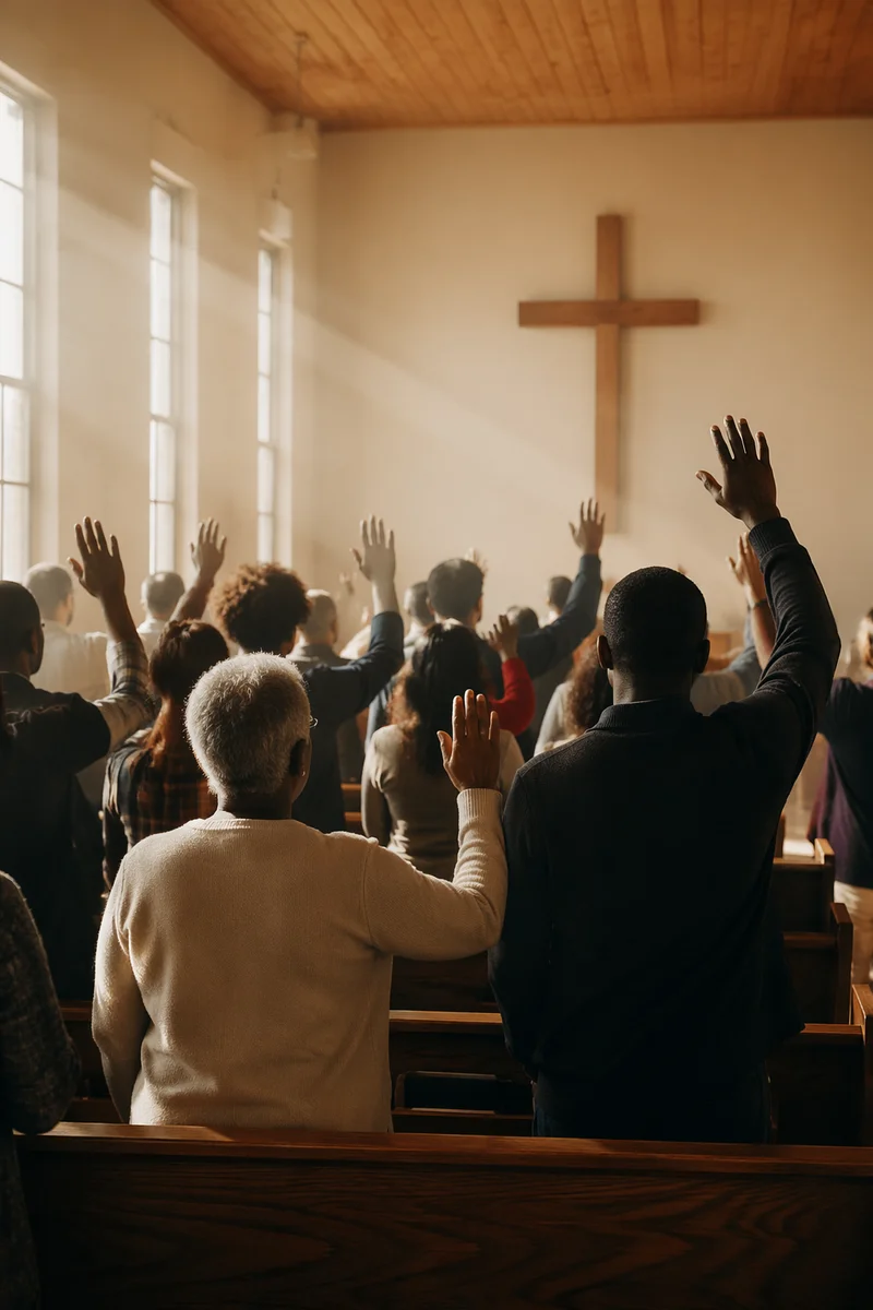 Diverse Congregation Worshiping in Sunlit Chapel