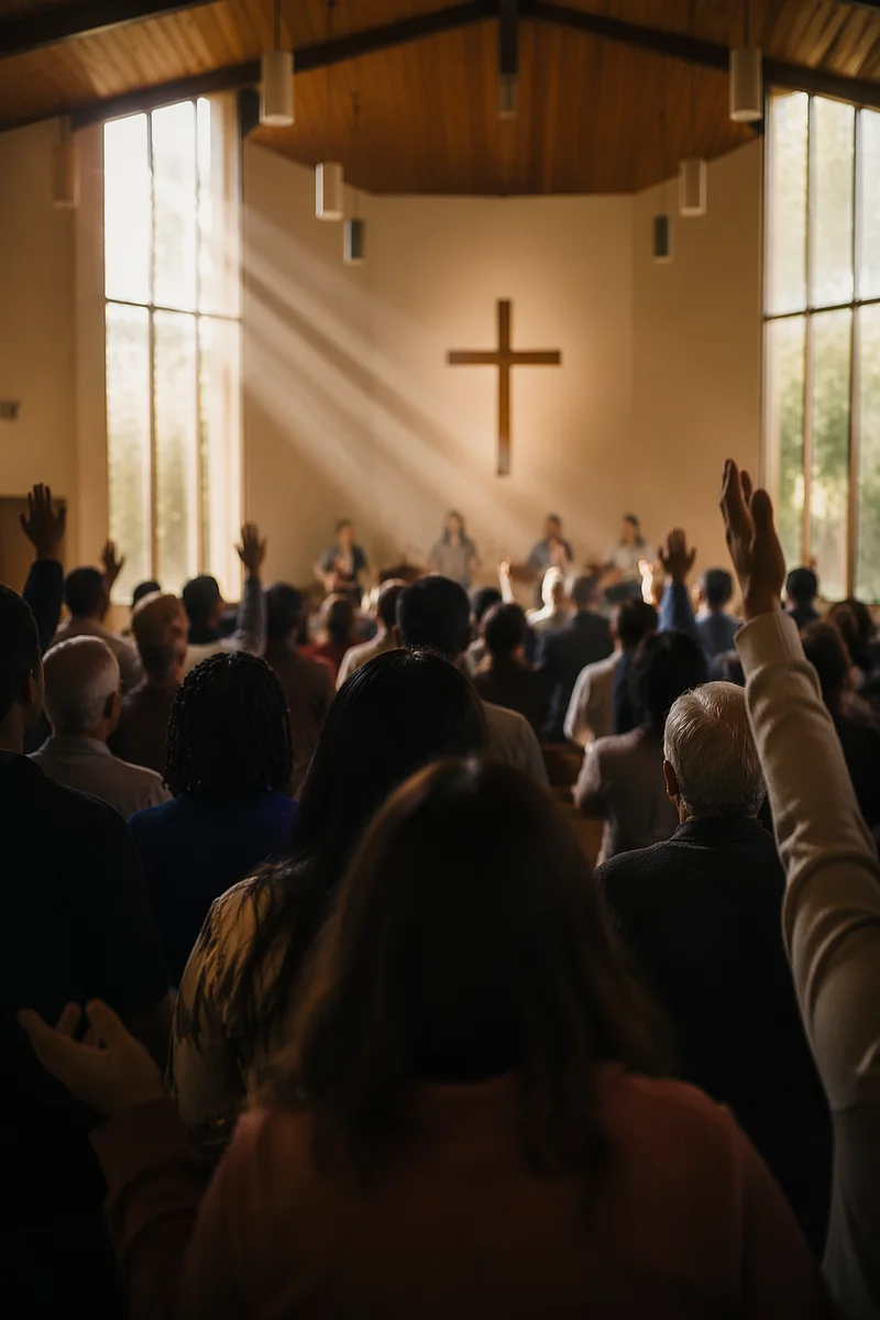 Diverse Congregation Worshiping in Morning Light
